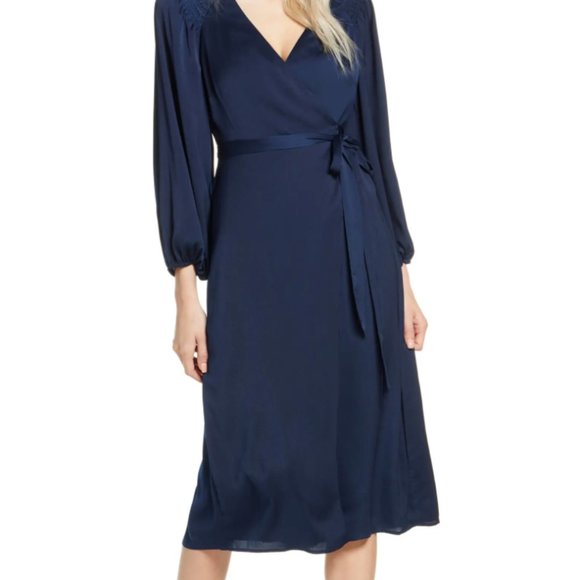 Navy Satin Wrap Dress - Picture 1 of 4